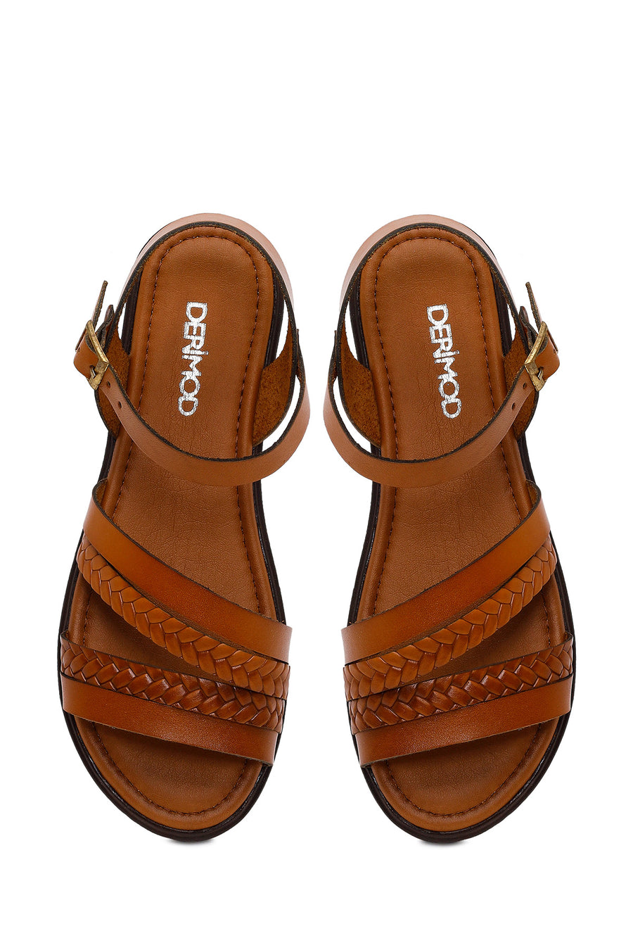 Woman Tan Strappy Thick-Soled Braided Leather Bodrum Sandal