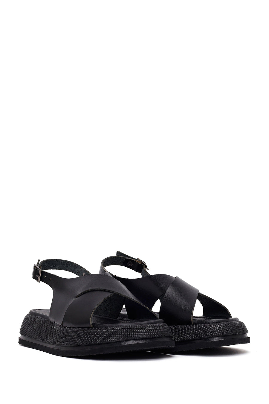 Woman Black Buckled Thick-Soled Leather Sandal