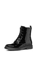 Geox Women's Black Spherica Ec1 Lace-Up Patent Leather Combat Boots | Derimod