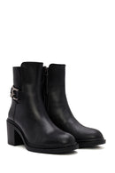 Women's Black Buckle Detailed Zippered Thick Heeled Leather Boots | Derimod