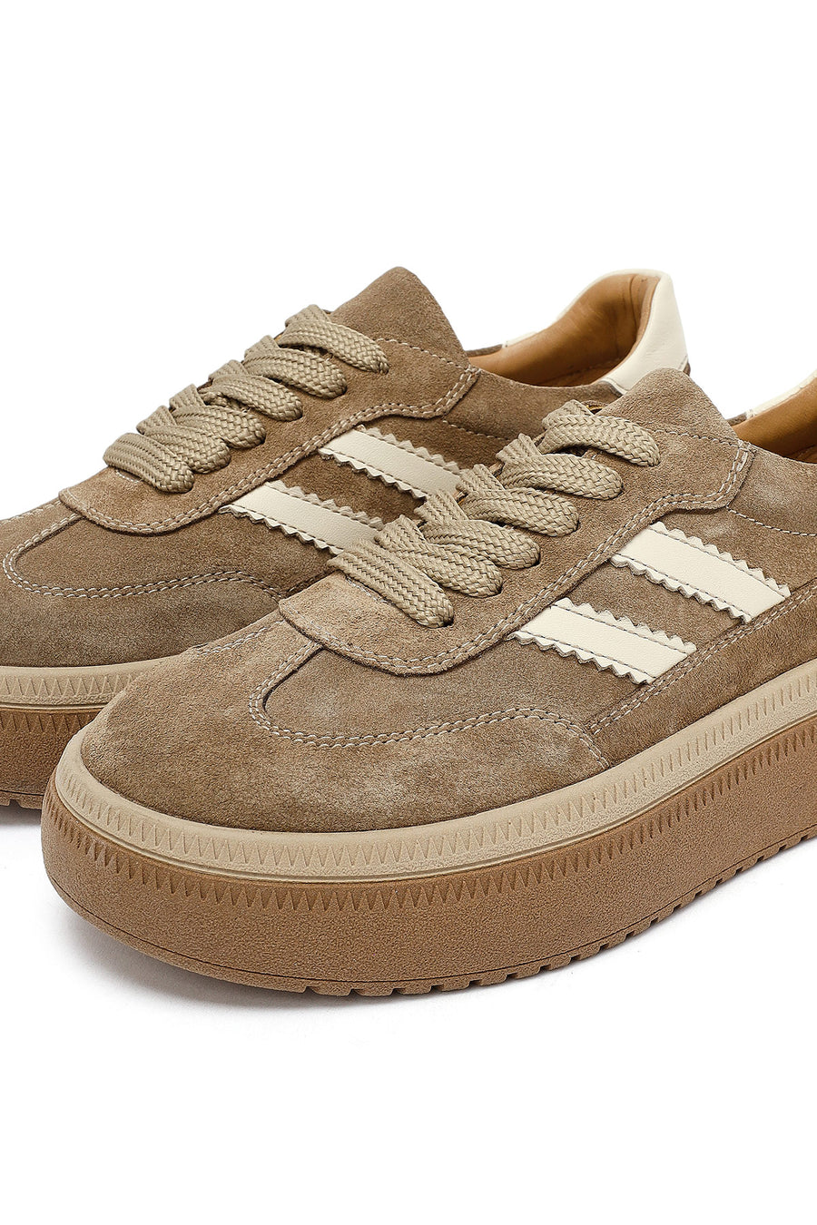 Woman Beige Lace-Up Thick-Soled Suede Leather Sneakers