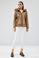 Meggy Women's Beige Hooded Furry Leather Jacket | Derimod