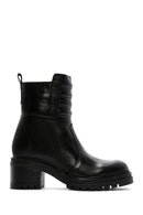 Women's Black Leather Zippered Heeled Boots | Derimod