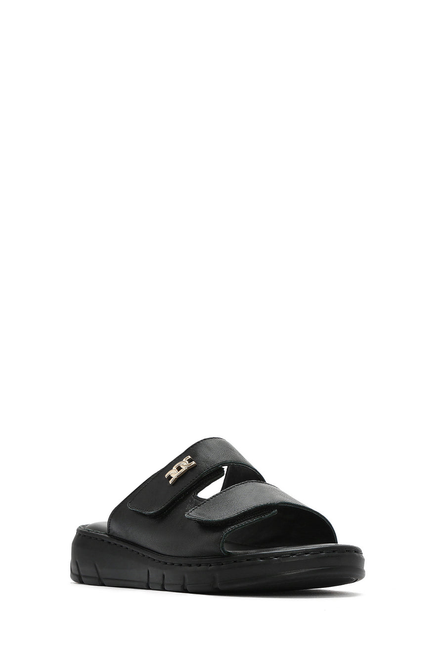 Women's Black Double-Striped Leather Comfort Slippers