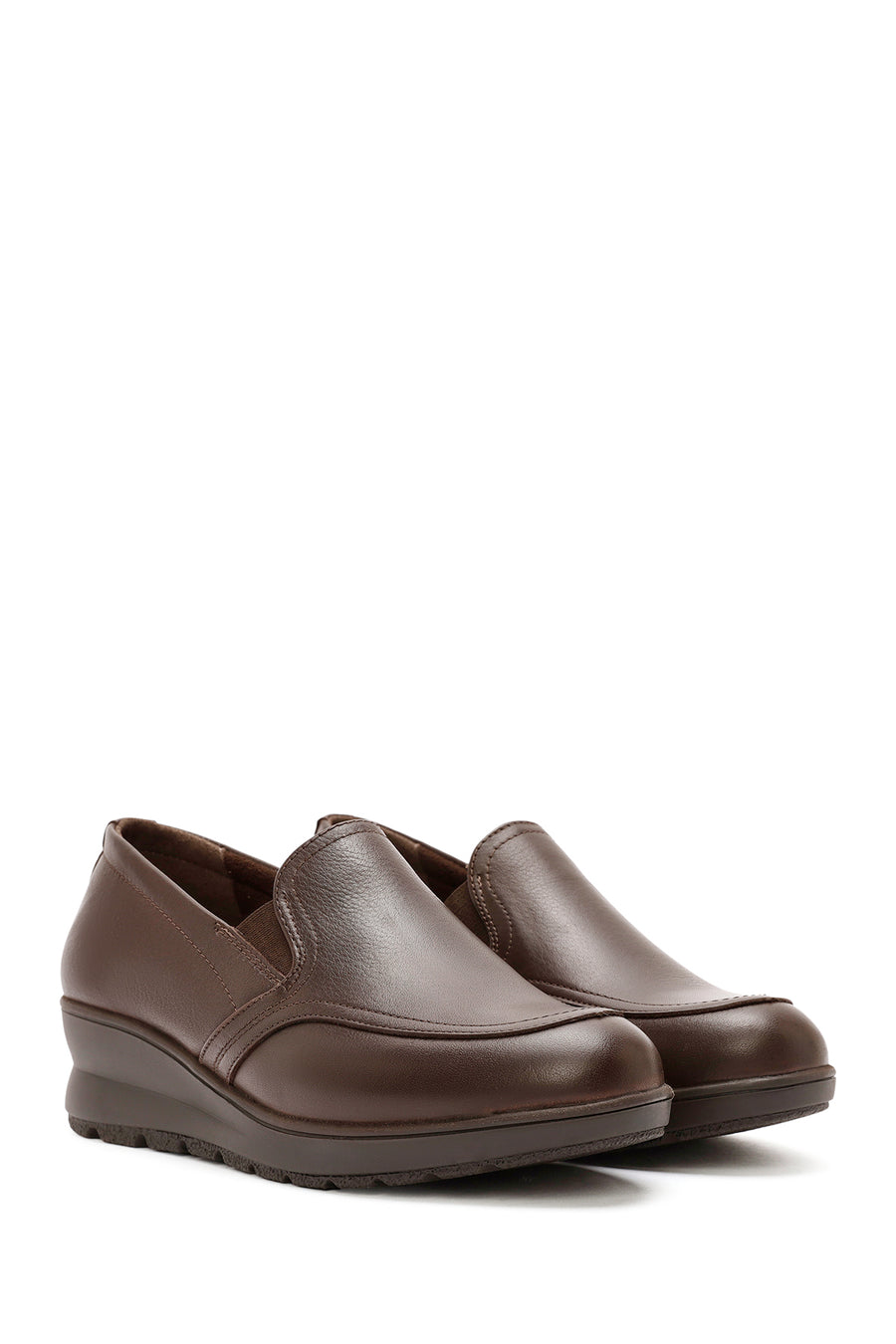 Women's Brown Wedge Heel Leather Comfort Loafer