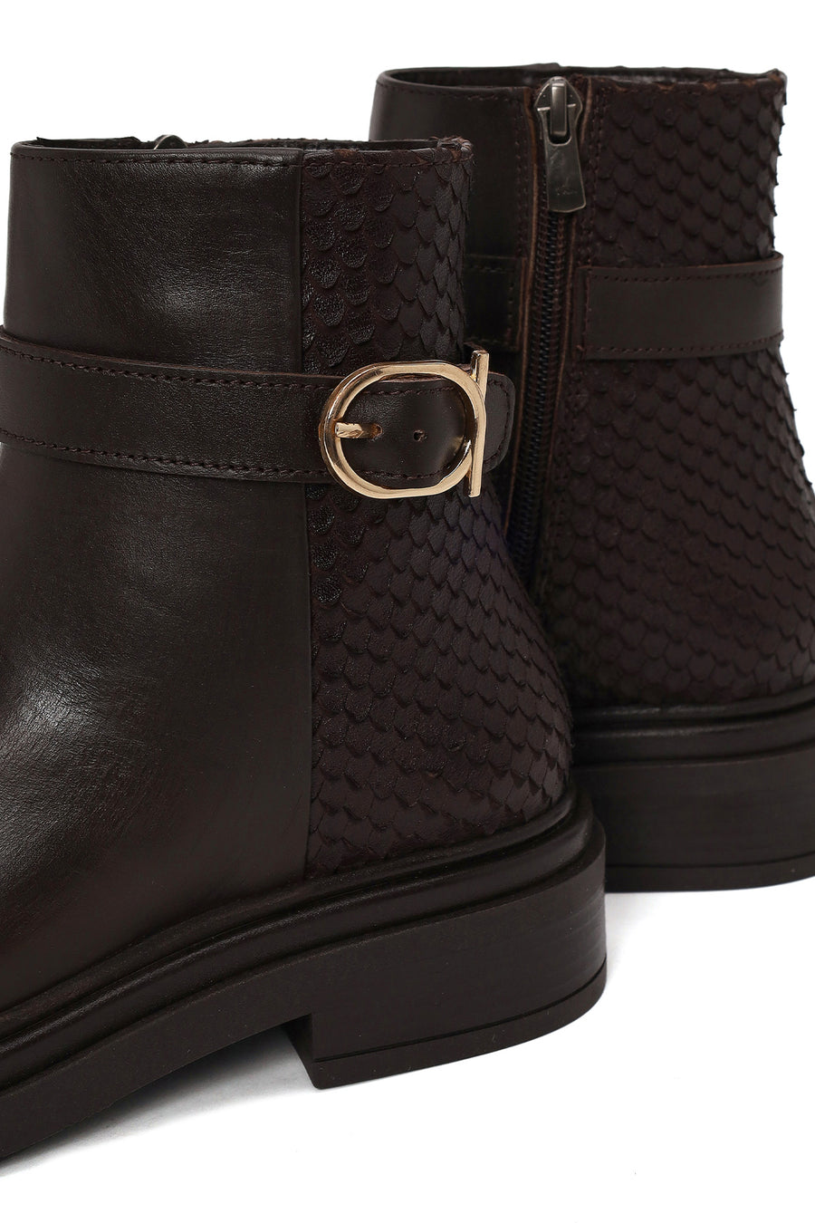Woman Brown Zip Closure Printed Leather Boots