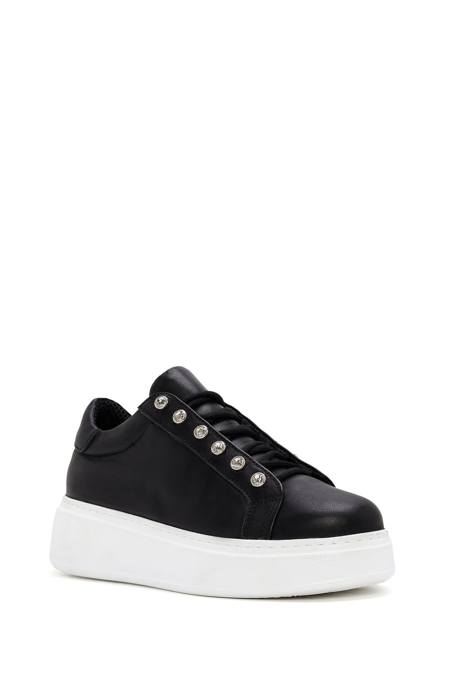 Kadın Siyah Taşlı Bağcıklı Kalın Tabanlı Deri Sneaker