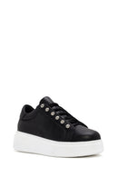 Women's Black Stone Laced Thick Soled Leather Sneakers | Derimod