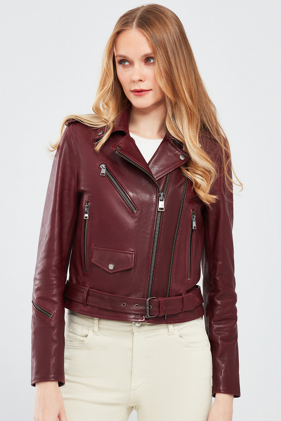 London Kadın Bordo Biker Deri Ceket
