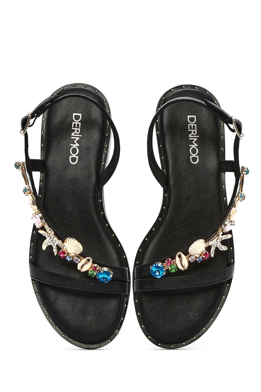 Women's Black Ankle Buckle Stoned Sandals