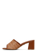 Women's Tan Thick Short Heeled Straw Slippers | Derimod