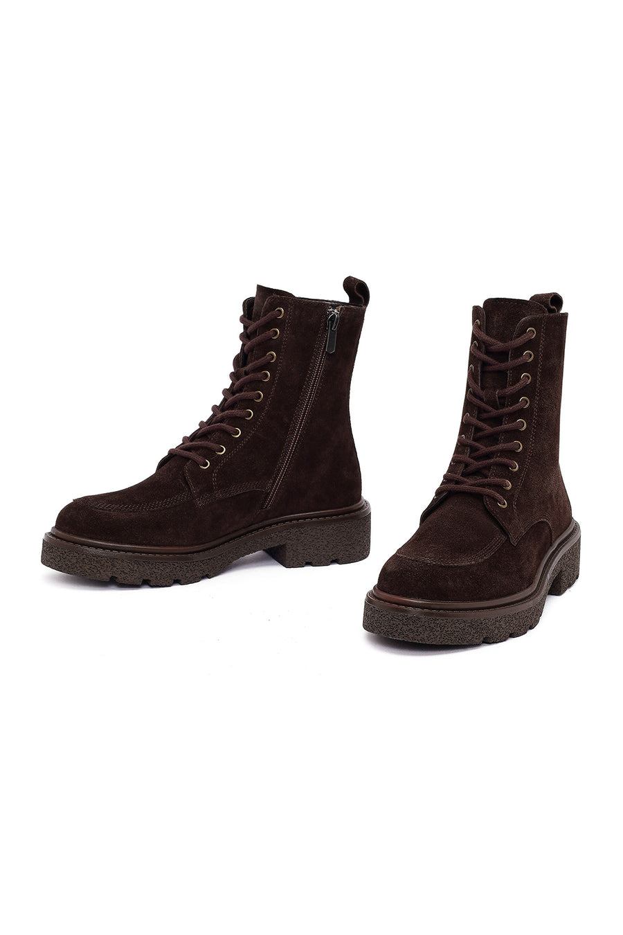 Woman Brown Zip Closure Thick-Soled Suede Combat Boots