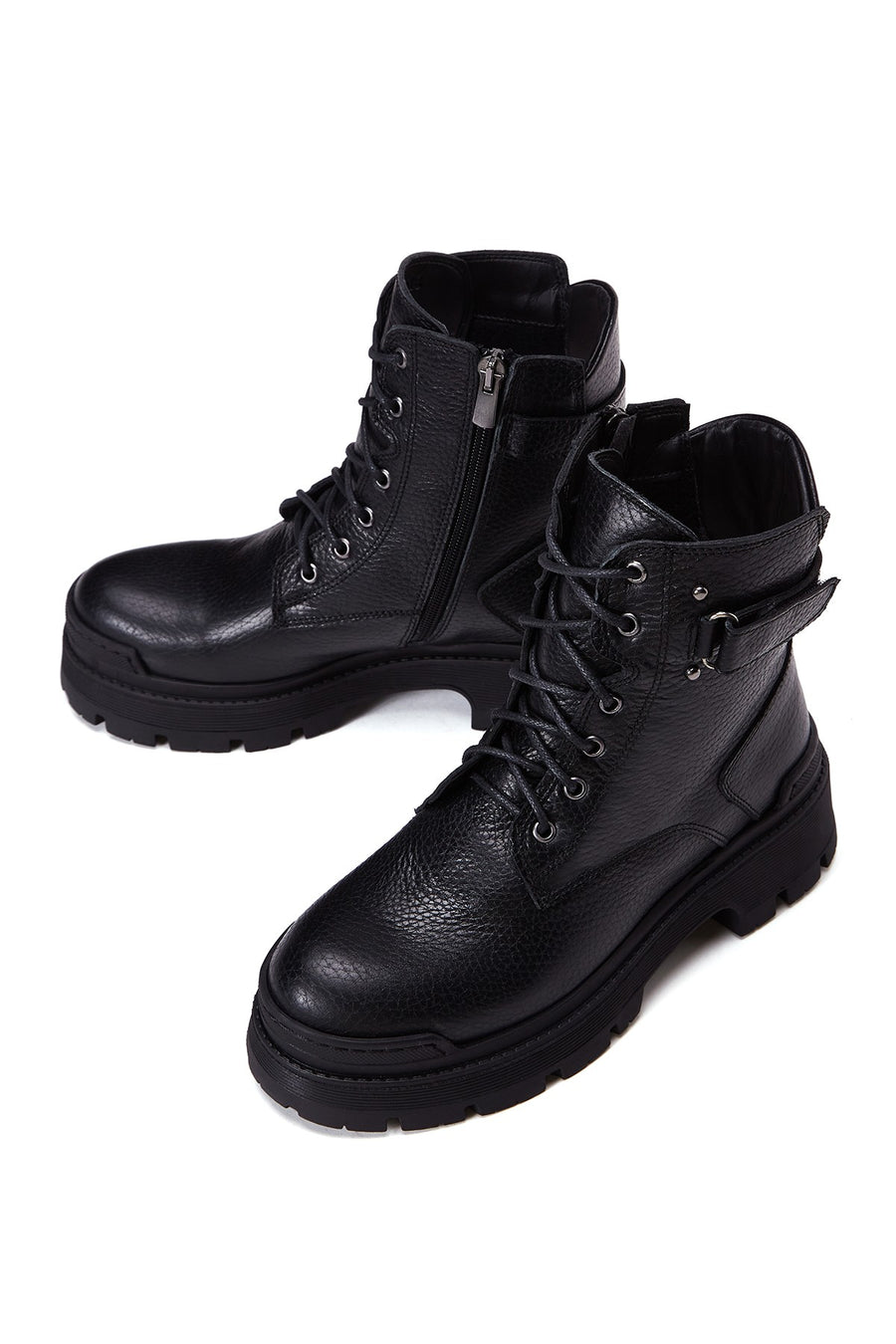 Women's Black Lace-Up Zippered Leather Combat Boots