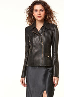 Cindy Women's Black Biker Stretch-Fit Leather Jacket | Derimod