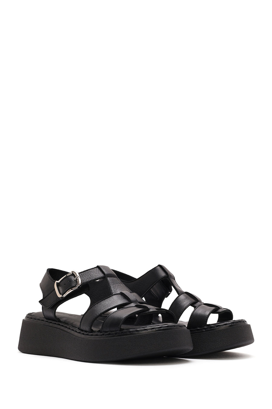 Women's Black Buckled Thick Soled Leather Comfort Sandals