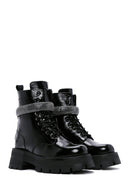 Women's Black Leather Stone Thick Soled Boots | Derimod