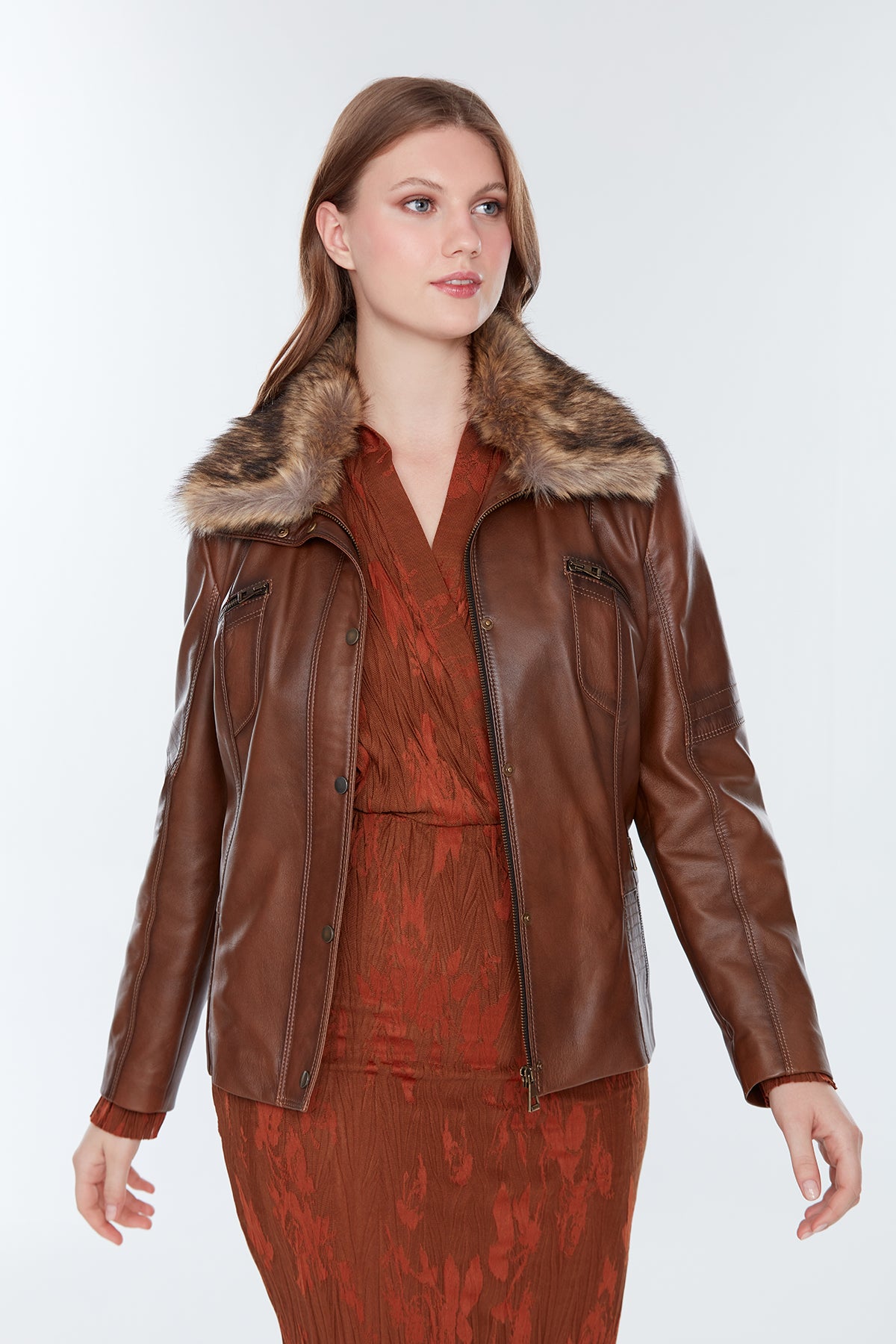 Belinda (Plus) Women's Cognac Leather Coat 21WGE594747 | Derimod