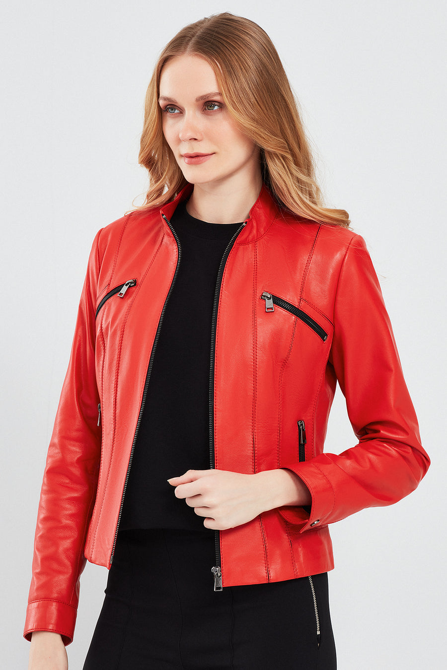 Linda Women's Red Short Leather Jacket