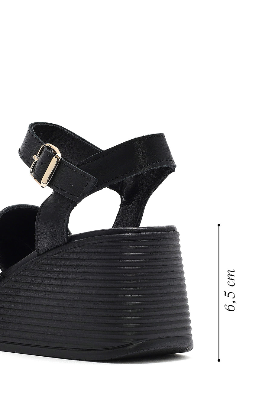 Women's Black Ankle Strap Wedge Heel Leather Sandals