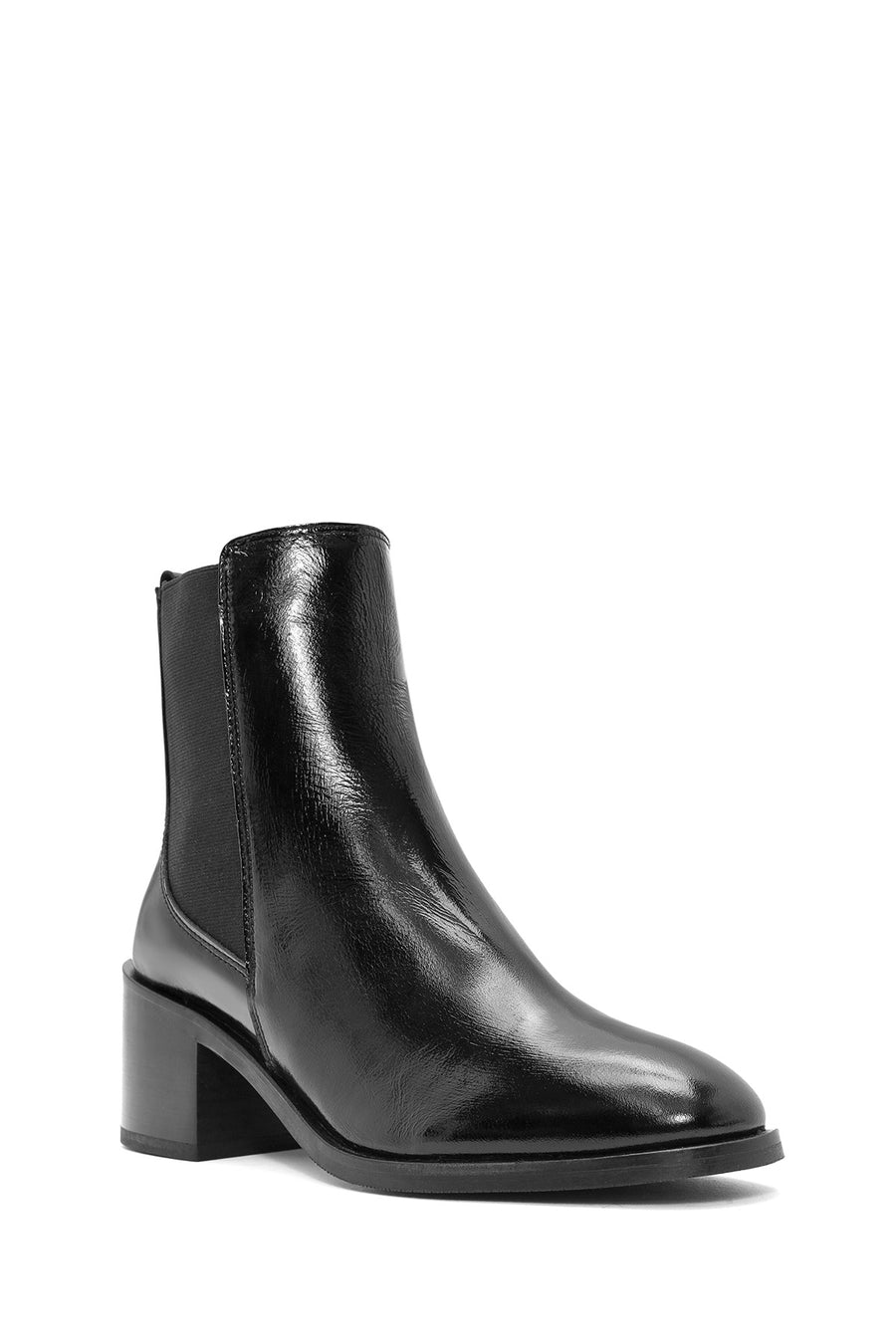 Woman Black Thick Heel Patent Leather Leather Chelsea Boots