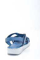 Women's Blue Leather Casual Flat Sandals | Derimod