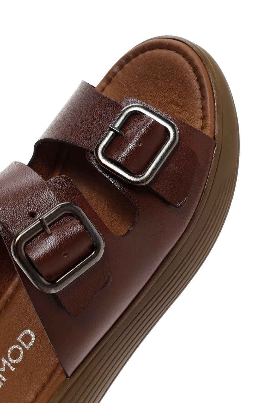 Women's Brown Thick Sole Buckle Leather Slippers
