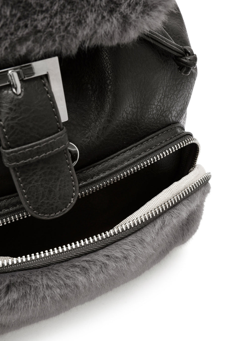 Women's Gray Plush Detailed Backpack