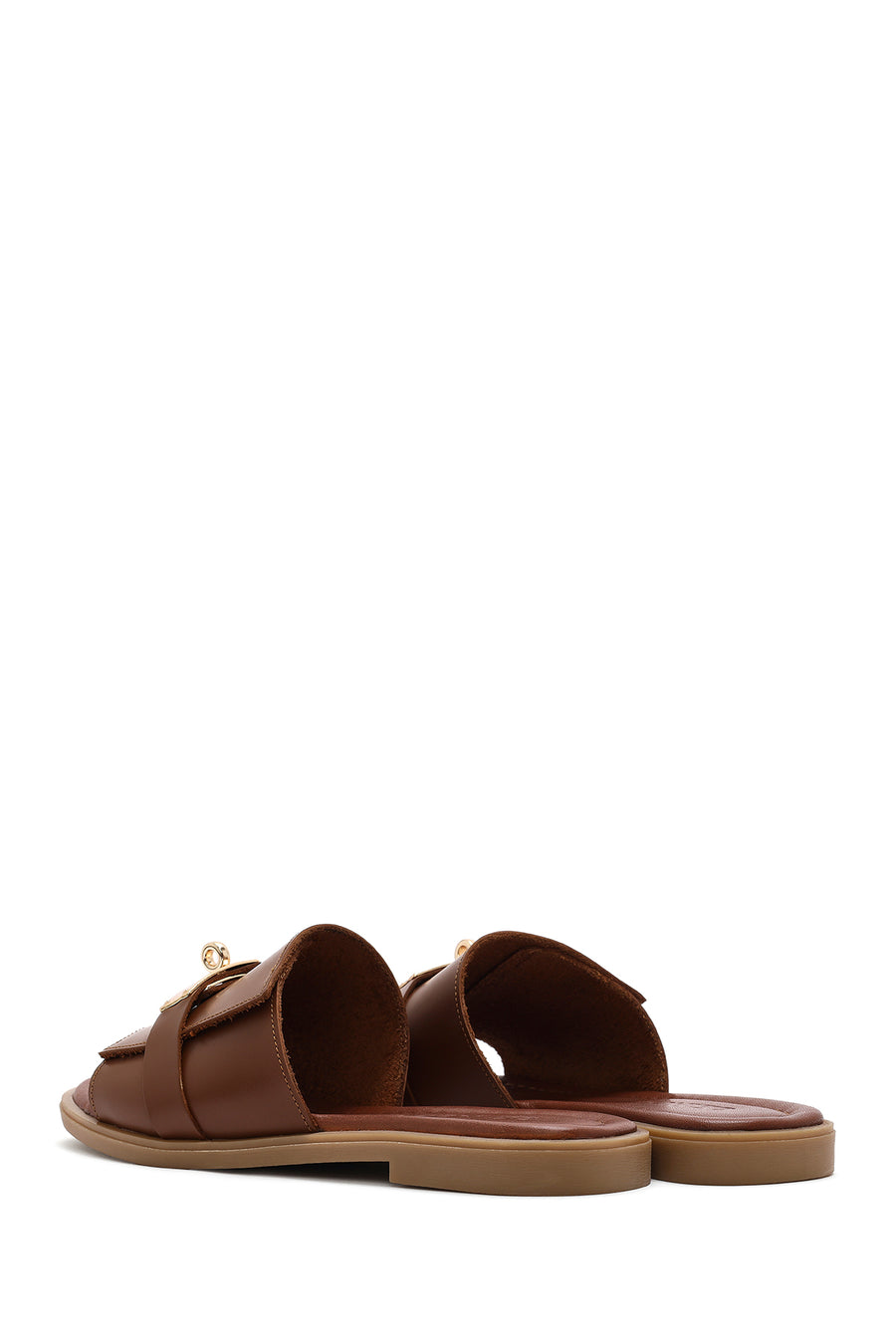 Women's Brown Buckled Leather Slippers