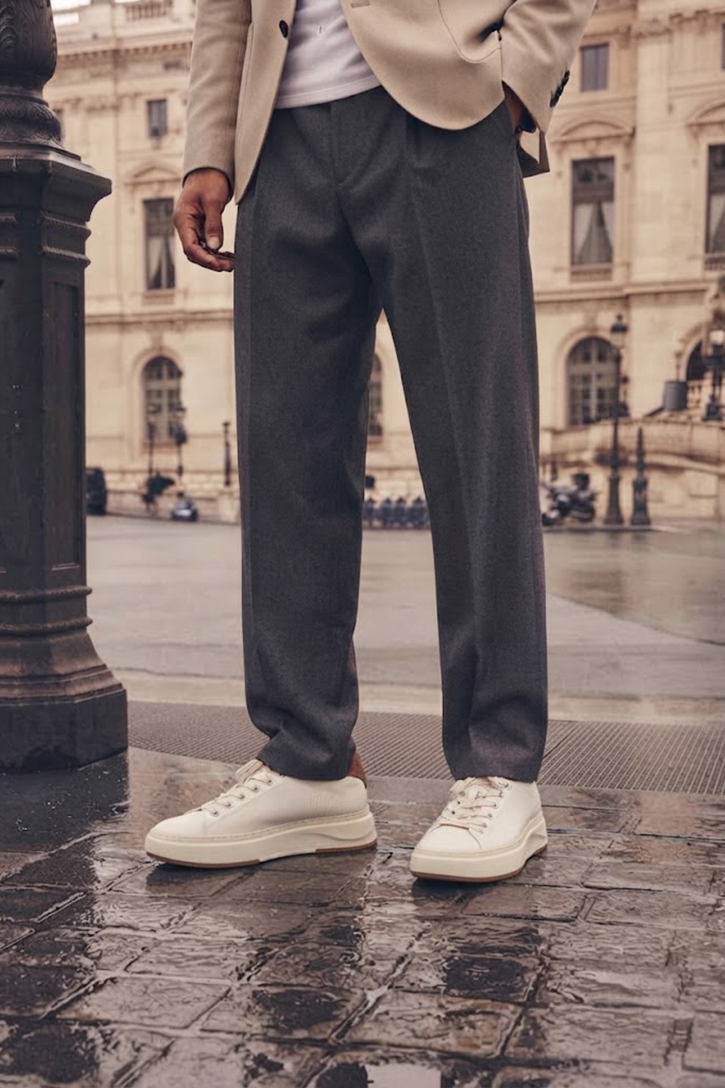 Erkek Beyaz Bağcıklı Kalın Tabanlı Deri Sneaker