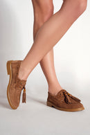Women's Tan Tassel Suede Leather Loafer | Derimod