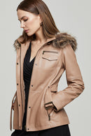 Lavinia Women's Beige Hooded Fur Leather Coat | Derimod