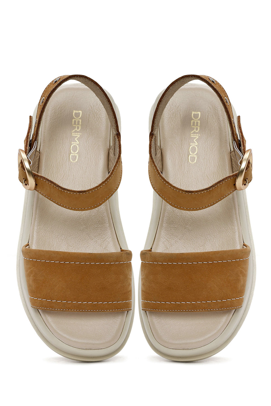 Women's Tan Ankle Buckle Thick Soled Nubuck Leather Sandals