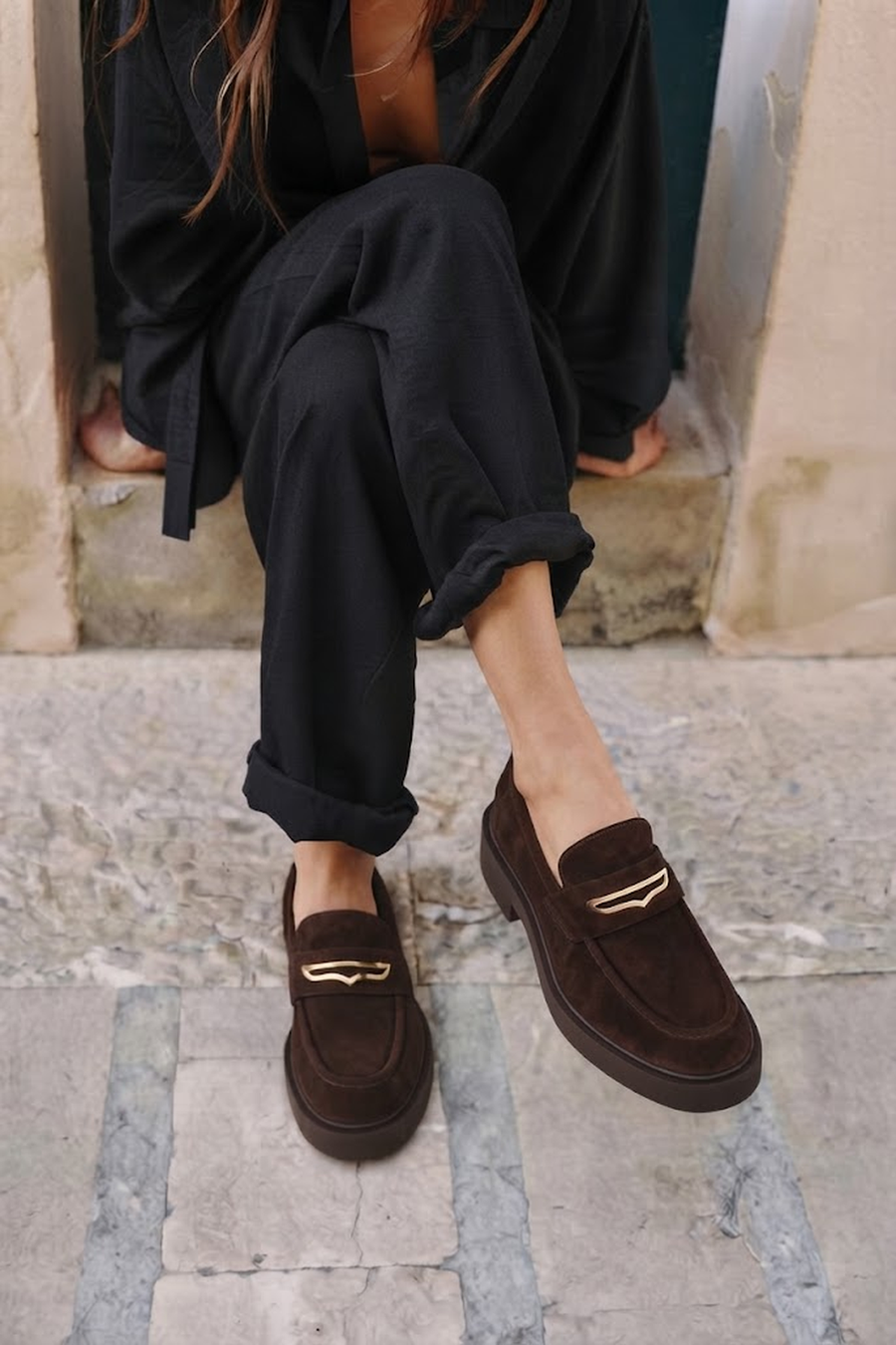 Woman Brown Buckled Thick-Soled Suede Loafer