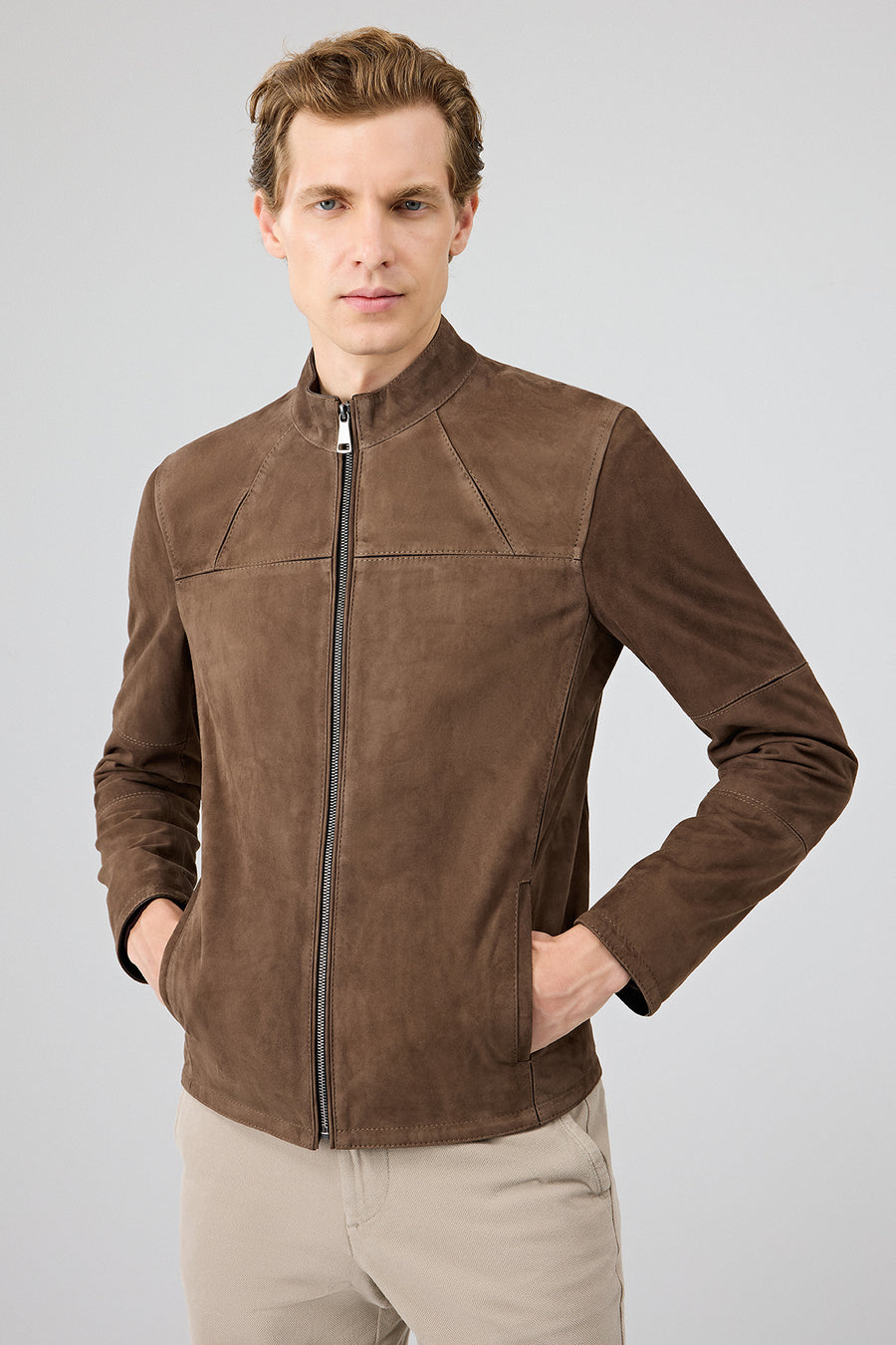 Neymar Men's Chestnut Man Collar Slim-Fit Suede Leather Jacket
