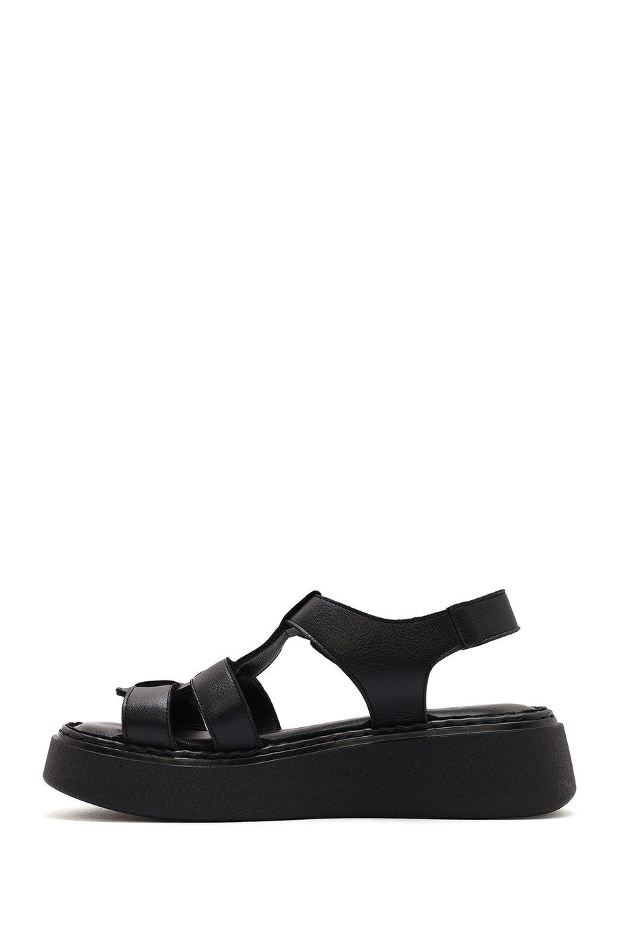 Women's Black Buckled Thick Soled Leather Comfort Sandals