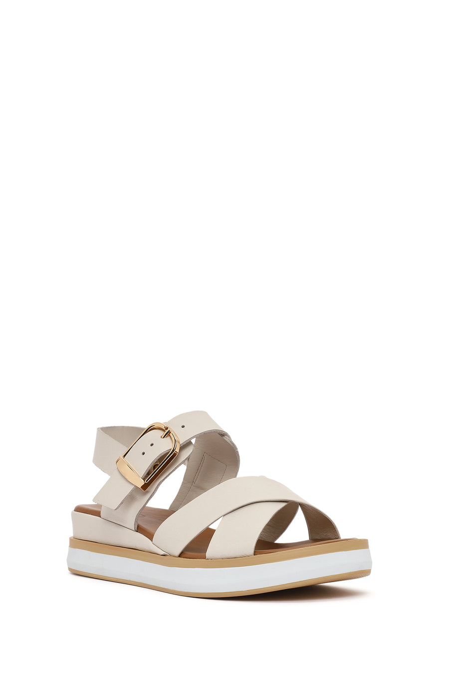 Women's Cream Ankle Buckle Thick Soled Leather Sandals