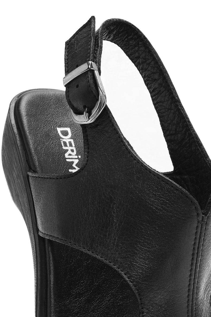 Women's Black Wedge Heeled Leather Sandals