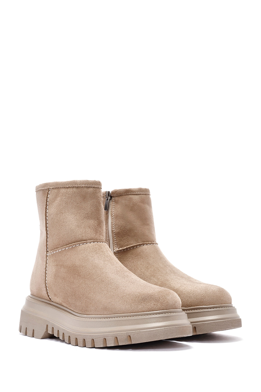 Women's Beige Zippered Suede Boots