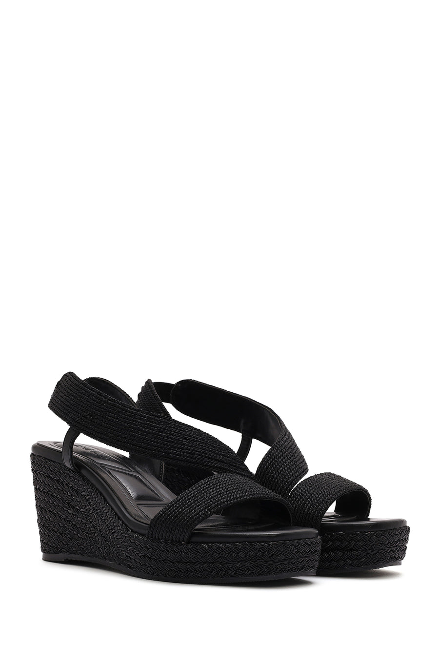 Women's Black Wedge Heeled Knitted Espadrille Sandals