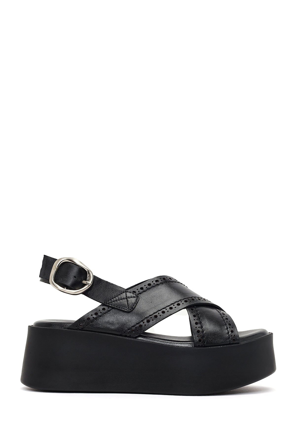 Women's Black Ankle Buckle Platform Wedge Leather Sandals 26SFD207518 | Derimod