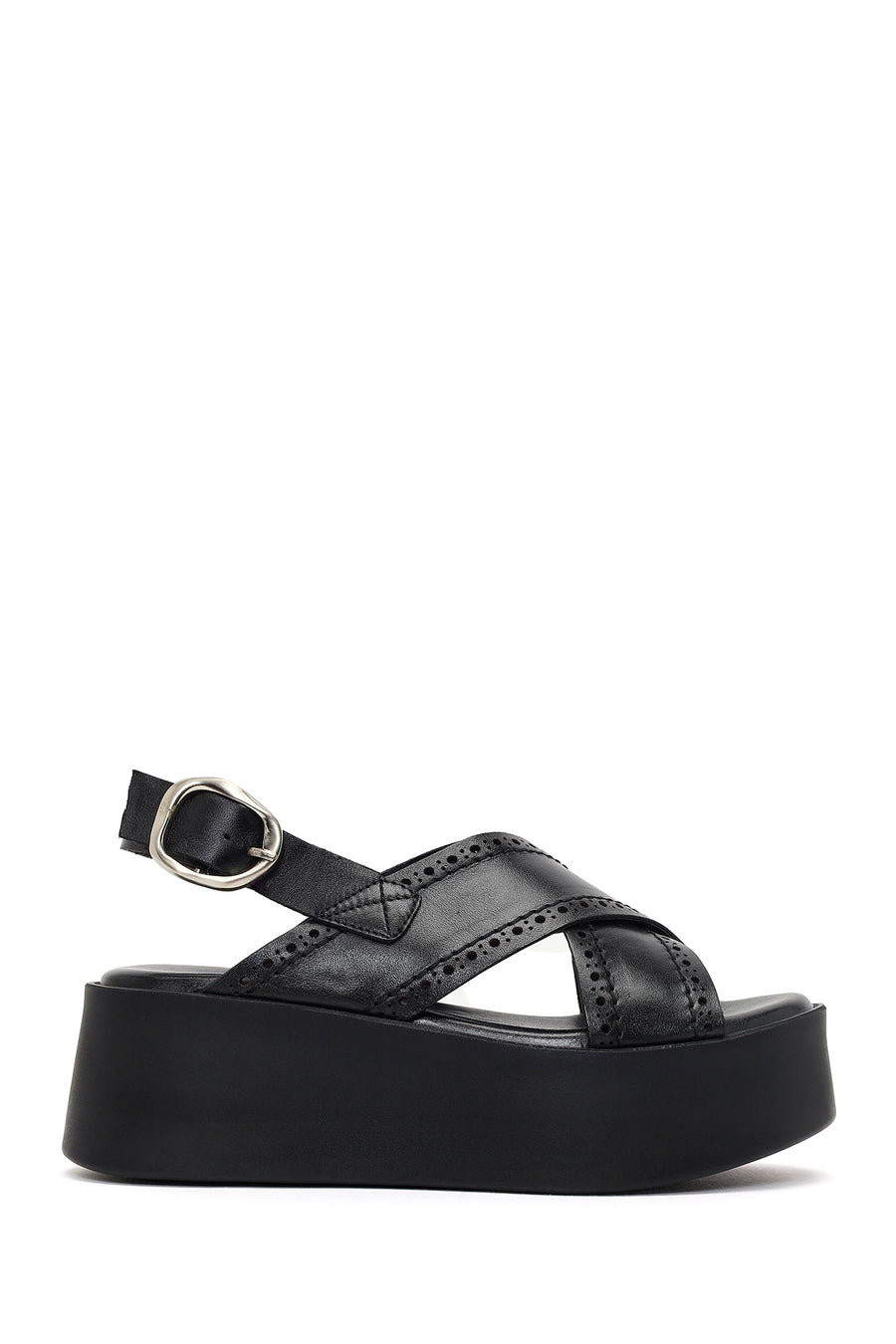 Women's Black Ankle Buckle Platform Wedge Leather Sandals 26SFD207518 | Derimod