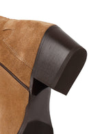 Woman Tan Chunky-Heel Suede Leather Cowboy Boots | Derimod