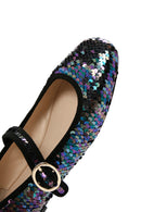 Women's Purple Sequin Patterned Leather Ballerinas | Derimod