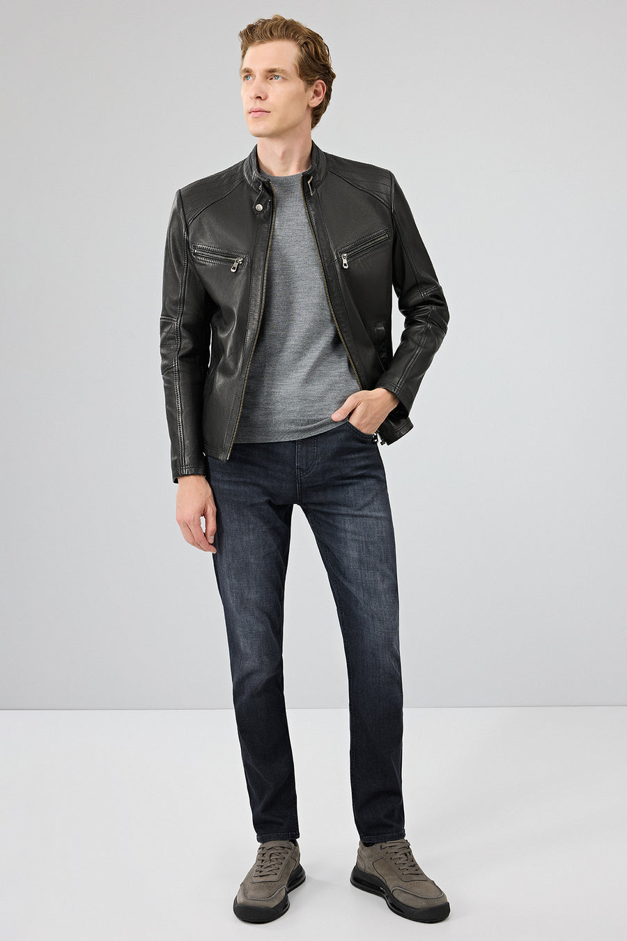Jefferson Men's Black Stand Collar Slim-Fit Leather Jacket
