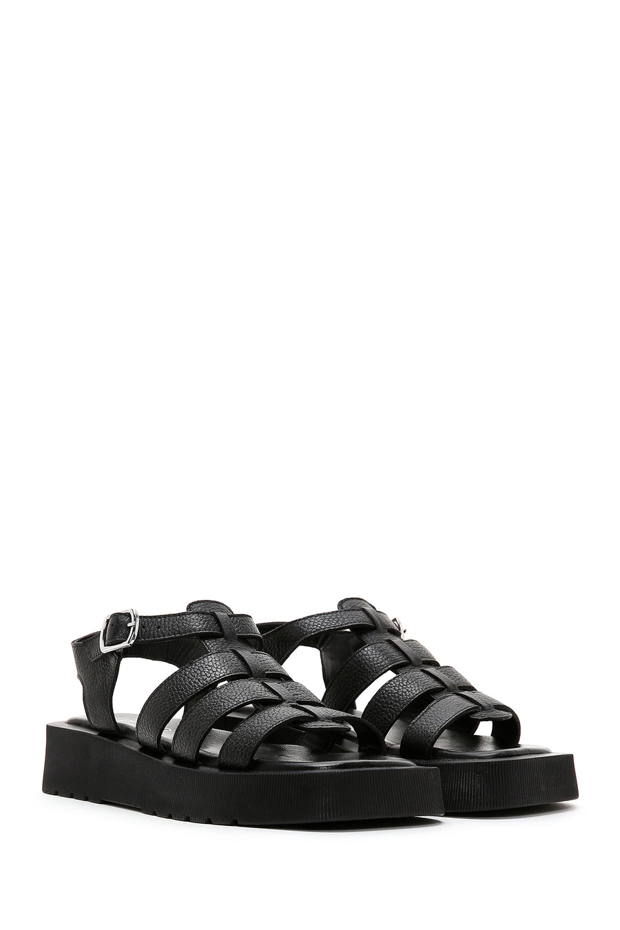 Women's Black Leather Thick Soled Sandals