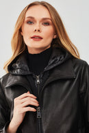 Tyler Women's Black Oversize Double Collar Hooded Leather Coat | Derimod