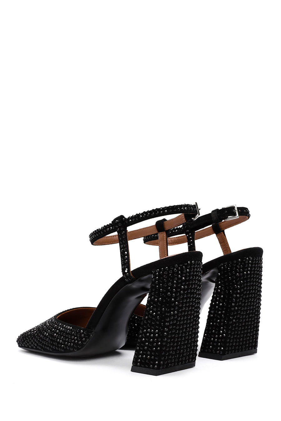 Women's Black Stoned Thick Heeled Leather Shoes