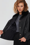 Nina Kadın Siyah Yakası Kürklü Oversize Deri Ceket | Derimod