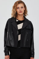 Tracy Women's Black Oversize Short Leather Coat | Derimod