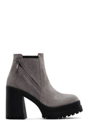 Women's Gray Suede Leather High Heeled Platform Boots | Derimod